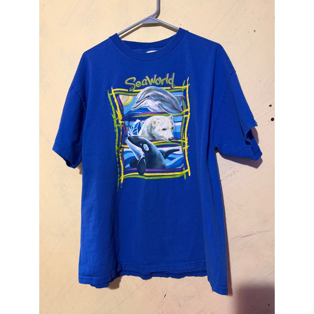 Vintage SeaWorld Graphic T Shirt Royal Blue Dolphin Polar Bear Orca XL Delta